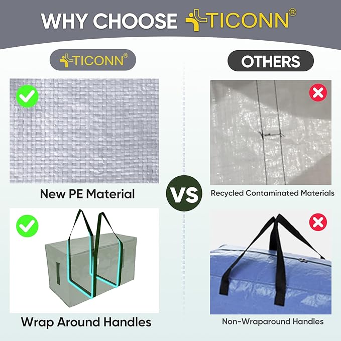 TICONN 8 Pack Extra Large Moving Bags Heavy Duty with Zippers & Carrying Handles, Durable Storage Bags Moving Boxes for Closet Organizers and Storage (8 Pack, Olive)