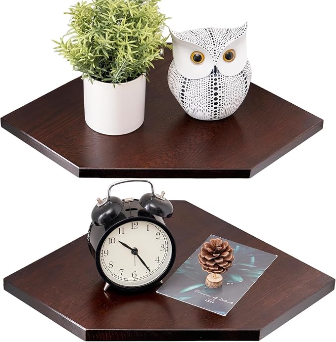 Corner Wall Shelves, Corner Floating Shelves Set of 2 Solid Oak Wood Display Shelf with Wire Hole Small Plant for Kitchen Living Room Dark Walnut 13.5inch