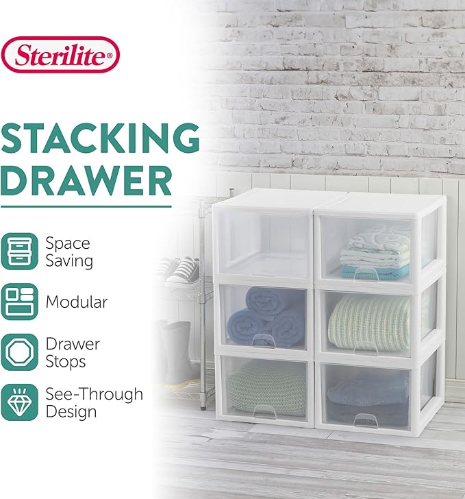 Sterilite 8-Pack 27 Quart Stacking Drawer, Clear Storage Closet Organizer, White Frame - Stackable Modular Plastic Drawers for Clothes, Accessories, Craft Supplies, Shoes or Linens