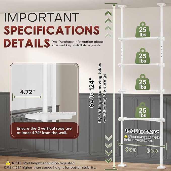 Goovilla Over The Toilet Storage Shelf, 4 Tier Bathroom Organizer Shelves with 64-124inch(H) 15-27inch(W) Adjustable No Drilling Tension Mounting, White Space Saver Bathroom Shelf Rack Above Toilet