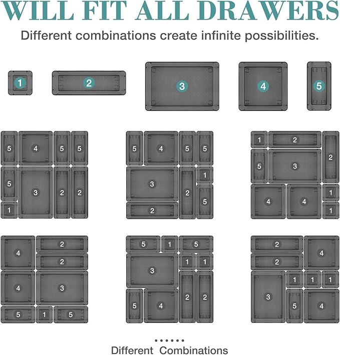 StorMiracle 23 PCS Drawer Organizer Set, 5 Varied Size Bathroom and kitchen Drawer cabinet organizer Trays, Clear Storage Bins for Makeup, Jewelry, Utensils and Gadgets, Black
