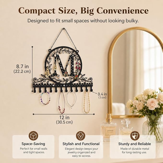 Personalized Wall Mounted Metal Initial Letter M Earring Holder Jewelry Organizer for Earrings and Necklaces Space Saving Wall Display with Hooks Jewelry Storage Bedroom Vanity Gift for Women