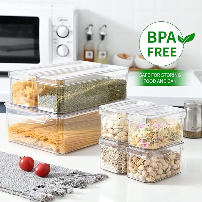 KUMD 10-Pack Clear Fridge Organizer Bins with Lids, Stackable Refrigerator Storage Containers, BPA-Free with Drain Tray & Anti-Slip Base for Fruits, Veggies, Drinks