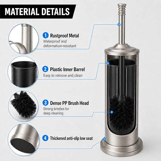 Nickel Toilet Brush and Holder Set，Extra Long Handled Toilet Bowl Brush and Holder，Stainless Steel Heavy Duty Toilet Brush for Bathroom,Deep Cleaning Modern Toilet Cleaner Slip Base