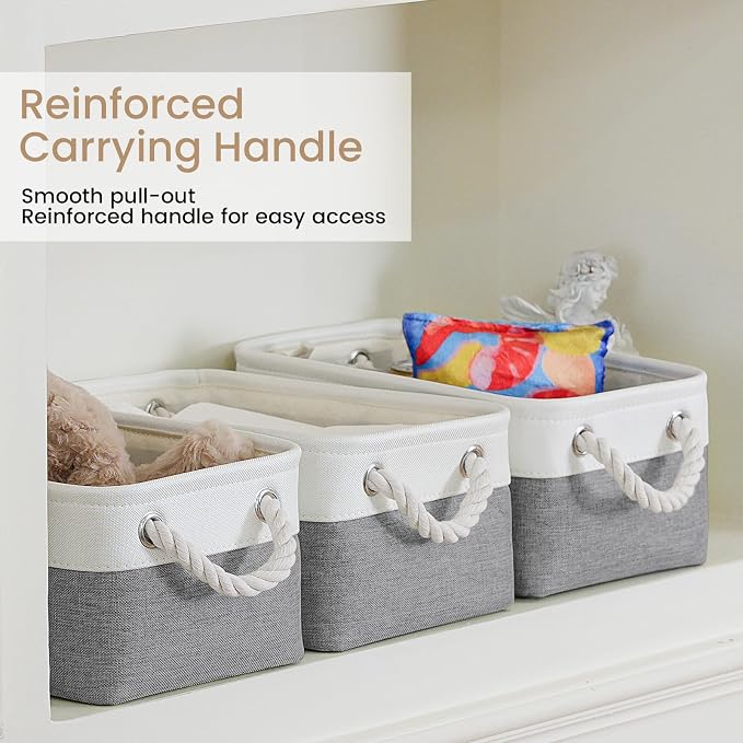 11.8x7.9x5.2 Inch Fabric Small Storage Bins with Handles 1 Pack | Foldable Storage Basket, Sturdy Metal Strand, Cardboard Support Molding, Small Baskets for Organizing, Shelves, White/Gray