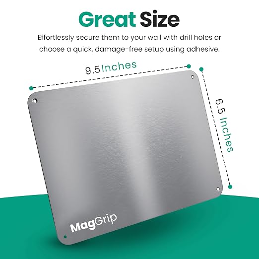 9 inches x 6.5 inches Stainless Steel Plate for Magnets, 3M Adhesive Back, Mounting Screws, Ideal for Magnetic Shelf, Spice Holders, Fridge Magnets. Mount Anywhere! (Silver, 2 Pack)
