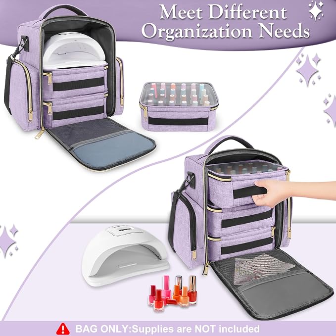 YOREPEK Nail Polish Organizer with 3 Removable Pouches & 72 Slots, Purple | Nail Polish Storage with Multiple Storage Sections for Nail Lamp, Manicure Set, Holds 72 Bottles, Gifts for Manicurist