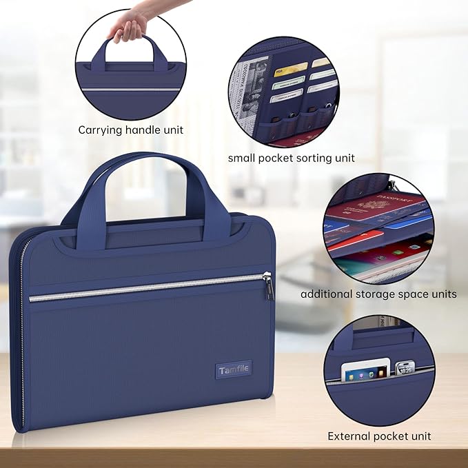 Tamfile Fireproof Accordion File Organizer with Handle, 13 Pocket Colorful Expanding File Folder with Zipper & Labels, File Folder with Multi-Pockets Paper Organizer Folder for Letter A4 Files (Blue)