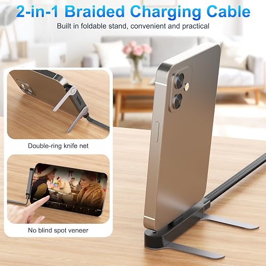 240W Braided Fast Charge Cable, 2026 New Invisible Holder Charger Cable with Stand, 4.92ft Foldable Durable 240W Stand Data Cable USB-C Cord 90 Degree Right Angle USB C Cable, Type C to Type C (1)