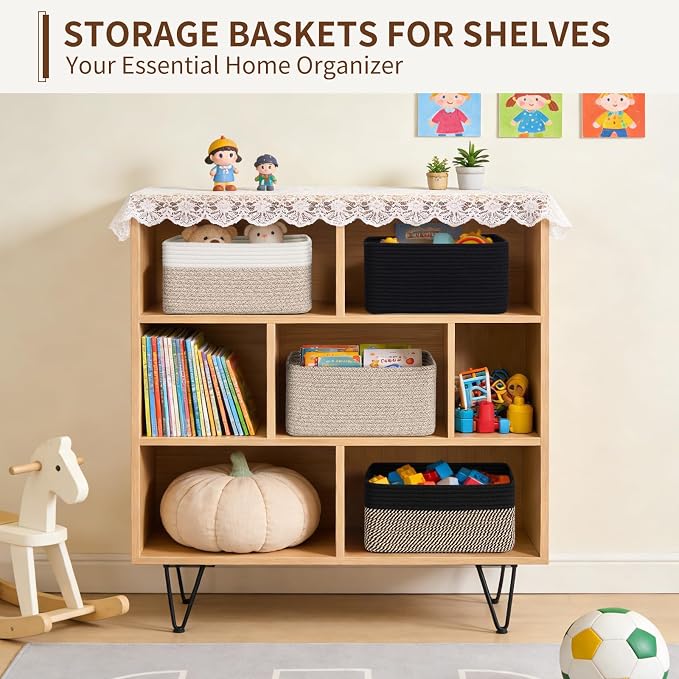 Goodpick 4 Pack Storage Baskets for Shelves, Rectangle Woven Baskets for Organizing, Cotton Rope Storage Bins for Baby Toys, Decorative Basket for Gifts, 13''L x 8''W x 6''H, Brown & White