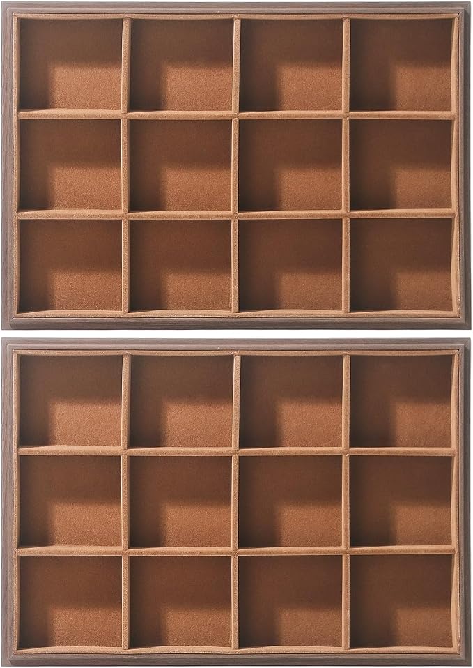 Wood Jewelry Organizer Tray, Bracelet Display (Brown, 2Pc, 12 Grids) | Stackable Jewelry Display, Bracelet Holder, Tangle-Free Bracelet Organizer, Watch Ring Storage