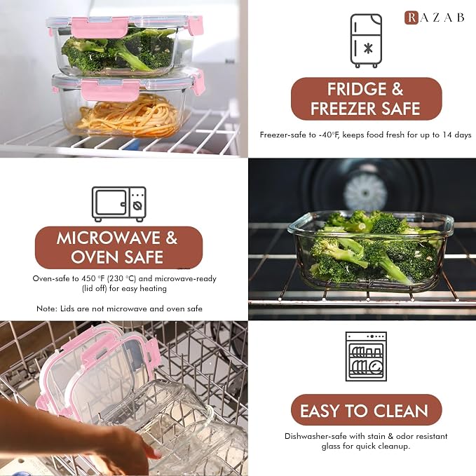 Razab 2 PC 1200ML / 41 Oz Glass Food Storage Containers with Lids - Airtight & Leakproof - Microwave/Oven/Freezer Safe - BPA Free - Ideal for Meal Prep, Storing Leftover & Lunch