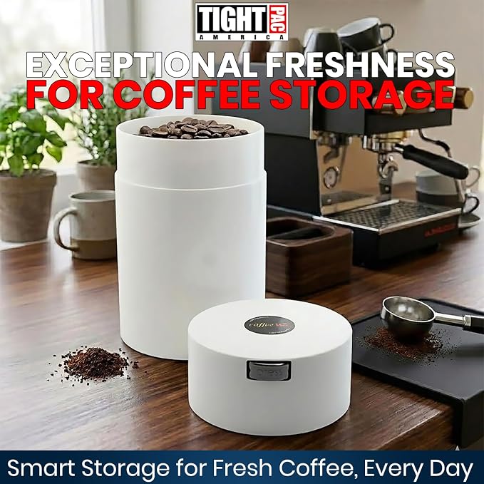 CoffeeVac 1LB – Patented Airtight Container | Multi-use Vacuum container works as smell proof containers for ground coffee and coffee bean containers. White cap and body