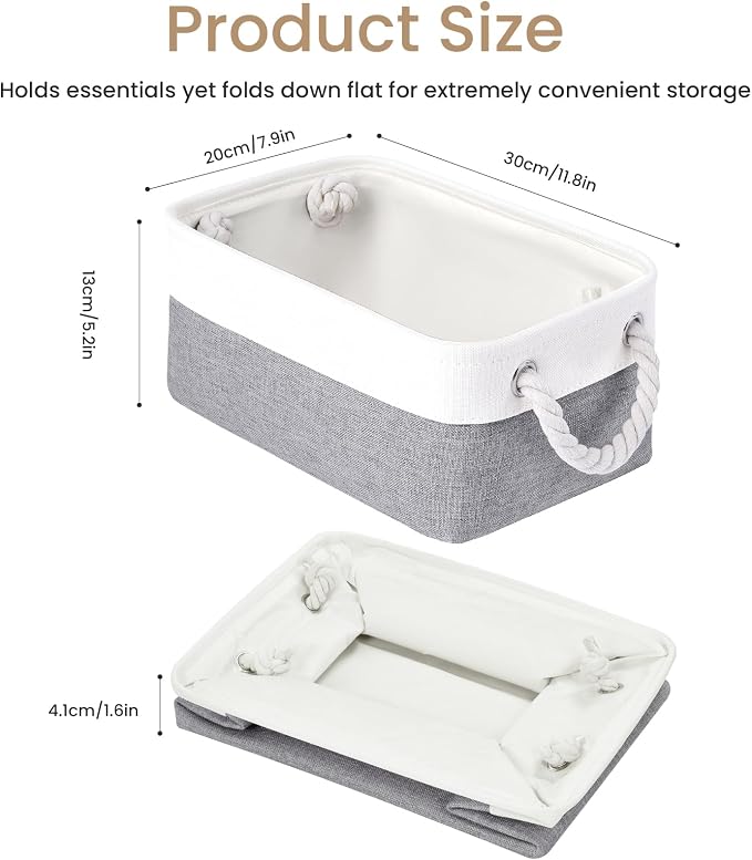11.8x7.9x5.2 Inch Fabric Small Storage Bins with Handles 1 Pack | Foldable Storage Basket, Sturdy Metal Strand, Cardboard Support Molding, Small Baskets for Organizing, Shelves, White/Gray