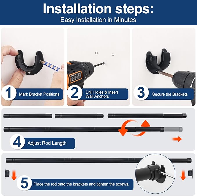 Adjustable Closet Rod for Hanging Clothes, 17-54inch Heavy Duty Metal tension clothes rod，1.3Inches Closet Pole with Hardware Kit for Closet Organization Laundry Room RV, Black
