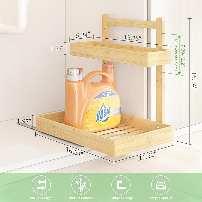 Under Sink Organizer - 2-Tier Pull Out Cabinet Organizer Vertical Slide Out Sink Shelf Storage Shelves for Multi-Purpose Bath Kitchen Bathroom Medicine (Nature, 2 Packs)