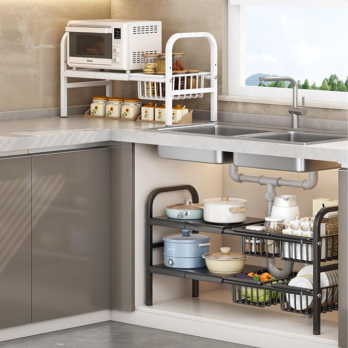 Under Sink Organizer，2 Tier Expandable Heavy Duty Metal Shelf，with 5 Removable Panels and 5 Storage Basket for Under Kitchen Bathroom Sink Organizers and Storage(X-Large,Black)