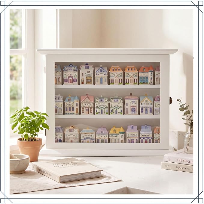 Chunful Vintage Spice Jar Wooden Rack White with Door Spice Shelf for 24 Jars, Village Style Wall Mounting Kitchen Storage Decorative Hanging Display Rack, Shelf Only(19.09 x 14.57 Inches)