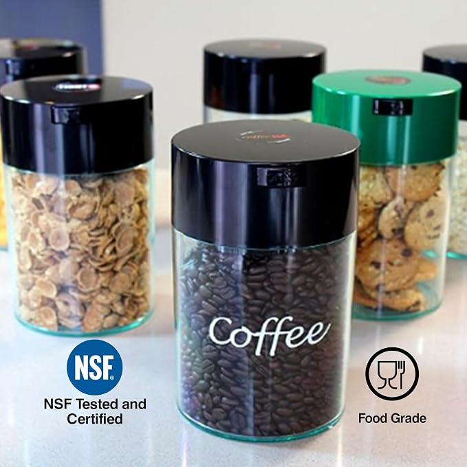 COFFEEVAC 1 LB Airtight Coffee Bean Storage Container, Patented Vacuum Seal, Coffee Grounds Container, 1.85L, Smell Proof, Black Cap and Body