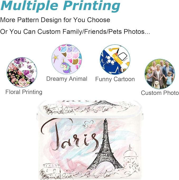 CaTaKu Large Fabric Storage Bins With Lids,Vintage Eiffel Tower Paris Storage Boxes With Handles for Organizing Clothes, Collapsible Decorative Storage Cube Bins Baskets for Shelves