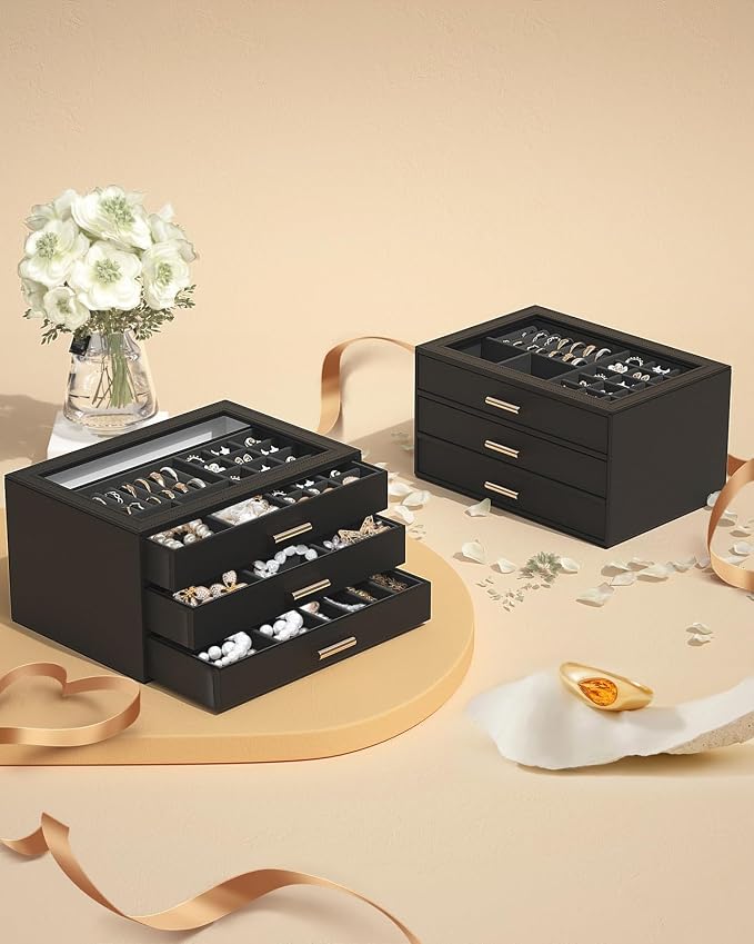 AKOZLIN Jewelry Box with Clear Lid Functional Leather Jewelry Storage Organizer Case 3 Drawers for Women Girls Necklace Ring Bracelet Earring