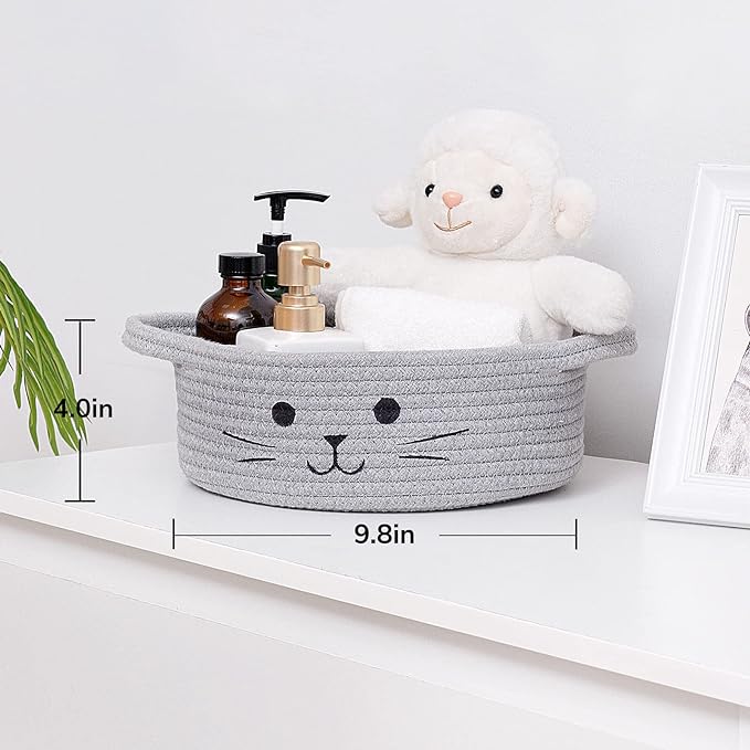 Small Woven Rope Storage Basket, Cute Cat Toy Basket for Living Room, Baby Baskets for Nursery, Gift Baskets Empty for Baby Shower, Grey, 9.8 x 4 inches