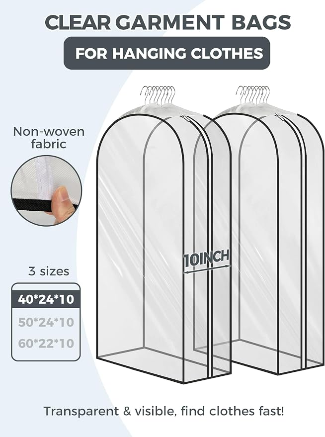 4 pcs 60" Garment Bags for Hanging Clothes, Clear Suit Bags for Closet Storage Clothing Storage, Garment Bags for Travel Covers with 10" Gussets for Coats, Jackets, Shirts and Sweater