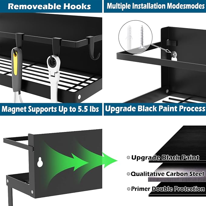 Magnetic Spice Rack Organizer for Refrigerator, 1 Pack, Paper Towel Holder Magnetic with Hooks, Multi Use Kitchen Shelf, 12.8"x4.3"x6.3", Black