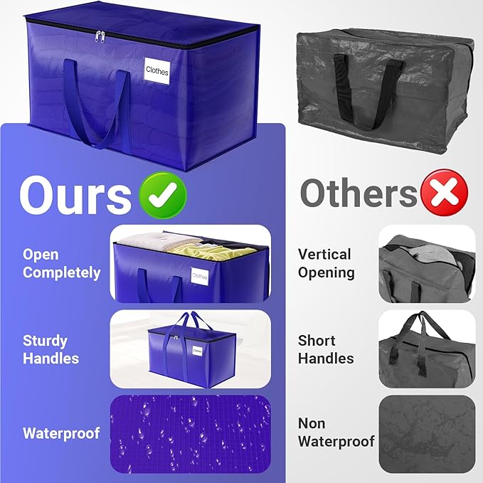 FabSpace Moving Storage Bags, Moving Supplies Packing Boxes for Moving, Camping, College Dorm Room Essentials for Girls, Blue Tote Bags, Heavy-Duty Storage Bins With Lids And Zippers, 76L 8Pack