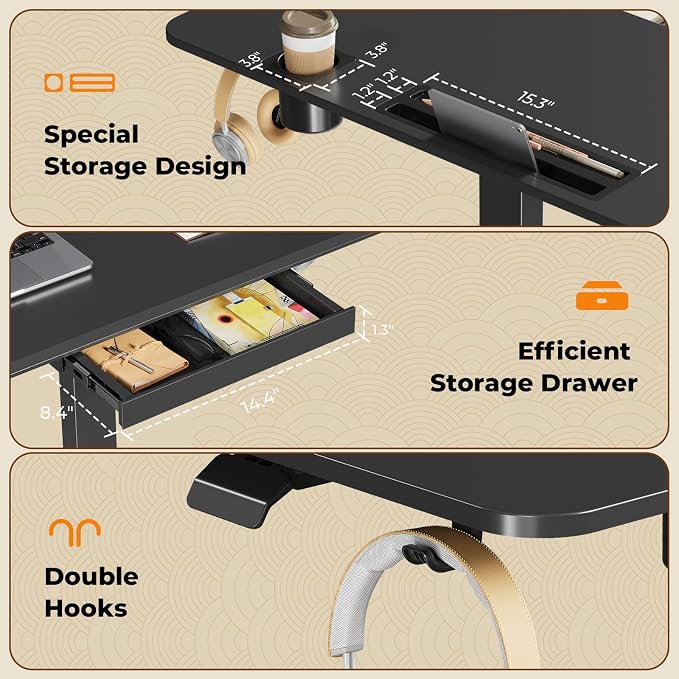 40"×20" Mobile Desk with Drawer, Rolling Desk with Storage | Height Adjustable Portable Laptop Desk on Wheels, Small Computer Desk with Cup Holder and Hooks for Study & Work, Black