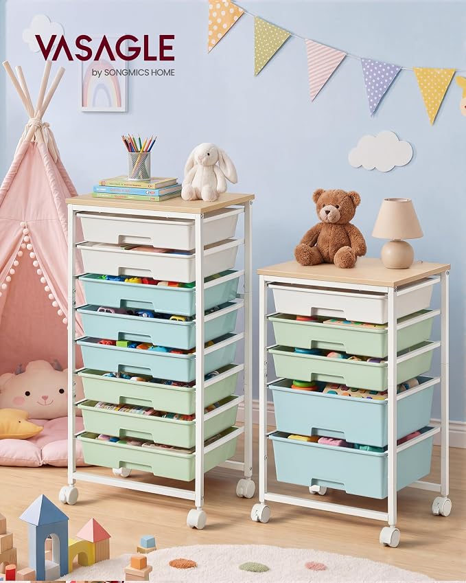 VASAGLE 5-Drawer Rolling Storage Cart, Mobile Organizer Trolley with Wood Top and Metal Frame, for Craft Room, Office, 15.6 x 11.2 x 24.8 inch, Green and White, Benco Collection ULRC005C101