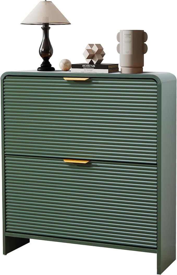 RARZOE Fluted Shoe Cabinet Storage for Entryway, 29.5'' Green | Curved Shoes Storage Cabinet with 2 Flip Drawers, Narrow Hidden Shoe Organizer Shoe Rack For Bedroom, Foyer, Hallway