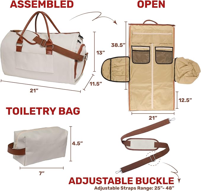 Convertible Garment Duffel Bag for Travel, Large Carry On Weekender Bag with Hanging Clothes Feature, Overnight Travel Duffle Bag for Women with Shoe Compartment (Beige)