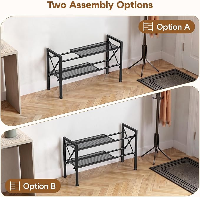 YEASHEIN 2-Tier Expandable Shoe Rack Organizer with Wire Mesh Shelf - Black | Sturdy Metal Shoe Shelf with 3-Tier Storage, Adjustable Shoe Stand, Free Standing Shoe Rack for Closet, Entryway, Garage