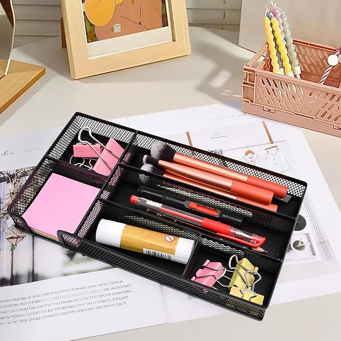 Desk Drawer Organizer, Office Metal Mesh Drawer Divider Organizer Tray with 6 Compartments, Pen Organizer for Desk Drawers Tray Desktop Accessories(COLOR:Black)