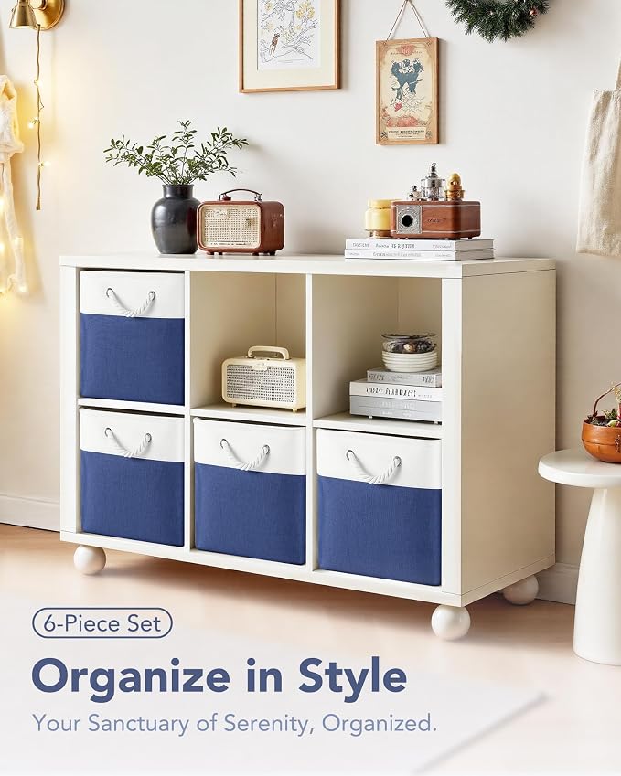12x12 Inch Fabric Cube Storage Bins with Cotton Rope Handle 6-Pack | Top Support of Metal Frame, Bottom with Cardboard Support, Foldable Storage Bins for Closet, Bedroom, White Blue