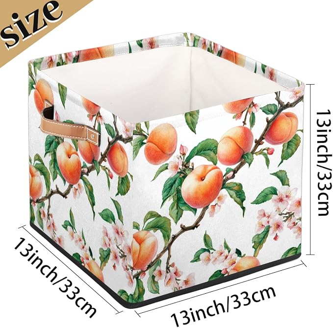 TropicalLife Peach Fruit Flower Storage Cube, 13 Inch Fabric Cube Storage Organizer Bin for Shelves Clothes, Decorative Foldable Storage Boxes