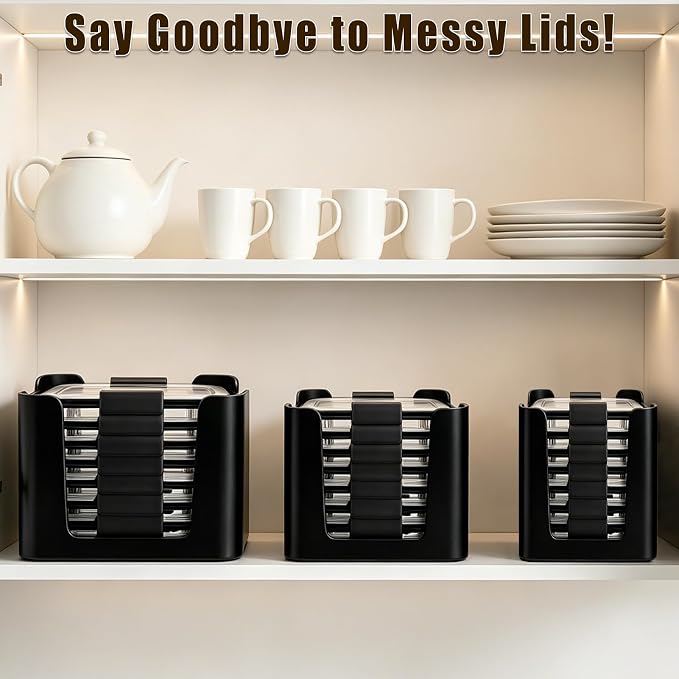 Stackable Food Container Lid Organizer, for Rubbermaid Brilliance Snap-on Lids, 3-Piece Kitchen Cabinet Storage Holds 24 Lids,Black