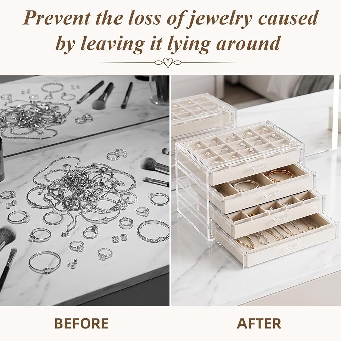 Clear Jewelry Box with 4 Drawers, Acrylic Jewelry Organizers and Storage with Velvet Trays, Earring Holder Organizer for Women and Girls, Warm White