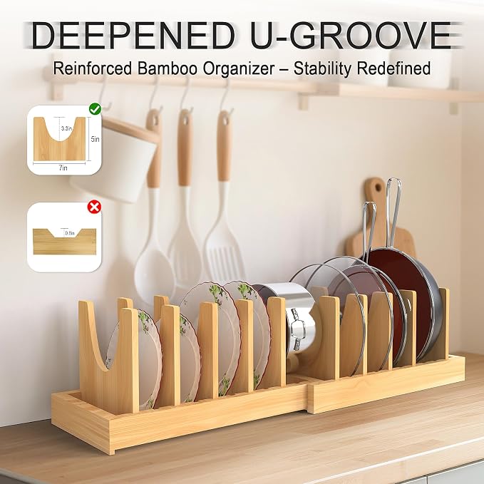 Bamboo Pot and Pan Organizer, Expandable Pot Lid Cutting Board Organizer | Pot and Lid Organizers Inside Cabinet, Adjustable Cutting Board Holder With Non-Slip Base for Kitchen Storage