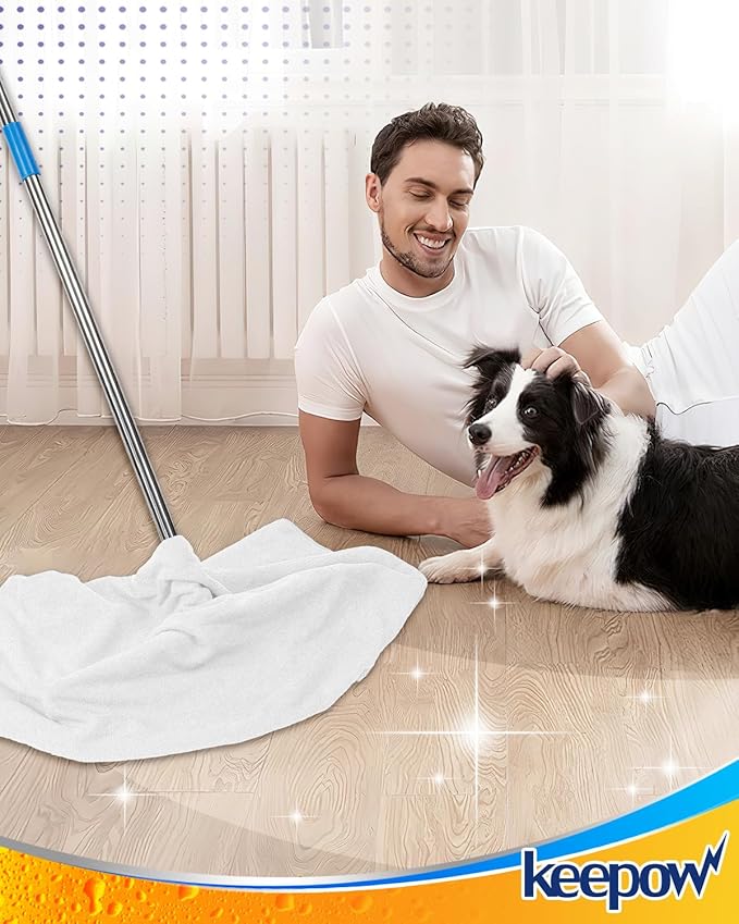 KEEPOW 4PCS Extra Large Microfiber Cleaning Clothes, 30"x20" for Squeegee Mop, Washable Reusable for Glass, Windows, Office & Car Cleaning, Highly Absorbent, Lint and Streak Free (White & Blue)