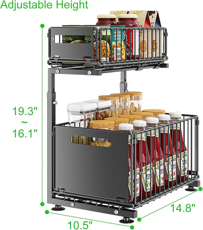 Under Sink Organizer, 2-Tier Multi-Use Kitchen and Bathroom Organizers and Storage, Slide Out Thickened Metal Under The Sink Organizer for Kitchen Bathroom Pantry (Style B Black, 2 Pack)