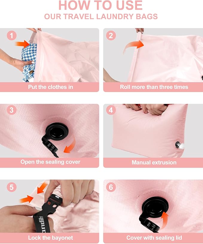 Travel Compression Laundry Bag, Pump-Free Vacuum Space Saver Bag for Dirty Clothes, Reusable Waterproof Wet Dry Bag, Travel Laundry Bag for Luggage, Packing, Suitcase (1 Pcs)（Pink, M)