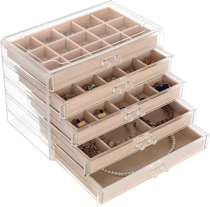 Jewelry Box Organizer,Clear Acrylic Storage Box Organizer with 5 Drawers | Adjustable Velvet Divided Trays Grid Size Design Large Jewelry Storage Box Clear Jewelry Organizer Gift for Women Girls
