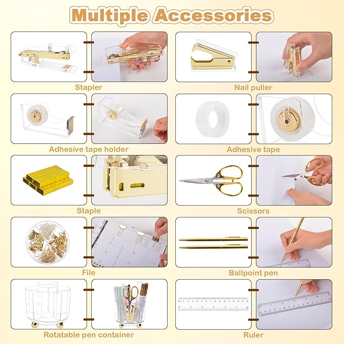 Office Desk Accessories Supplies - 11 Pcs Gold Desk Decor Set with 360-Degree Rotating Pen Holder, Women Cute Aesthetic Office Essentials Kit, Stapler Tape Dispenser, Acrylic Gift for School Home Work