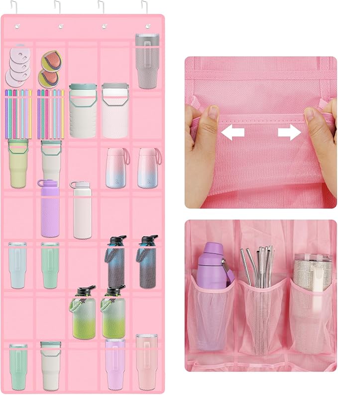 NiHome 35 Pockets Door Hanging Cup Organizer Fit for Stanley Tumblers, Pink | Large Capacity Over the Door Water Bottle Organizer in Kitchen, Pantry, Classroom, Elastic Mesh Secure Storage Cup Holder