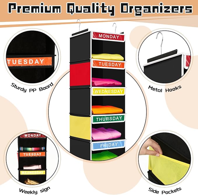 Amylove 2 Pcs 7 Shelf Weekly Clothes Organizer for Kids Hanging Closet Organizer 11. 8 x 11. 8 x 50 Inches Daily Activity Kids Clothes Storage Drawers Cube Drawers Closet Hanging Shelves(Black)