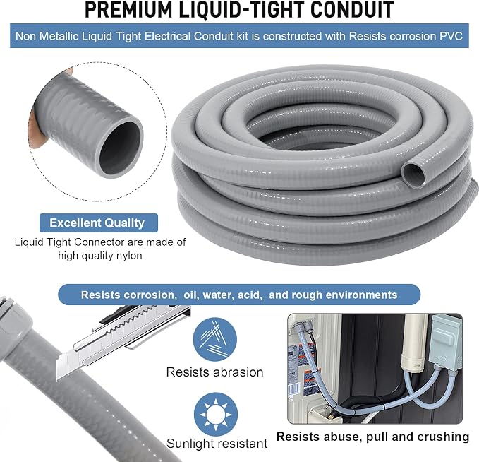 DWALE Liquid-Tight Conduit and Connector Kit,Flexible Non Metallic Liquid Tight Electrical Conduit,2inch 25ft Electrical Conduit Kit,with 4 Straight and 3 Angle Fittings Included,2 in. Dia