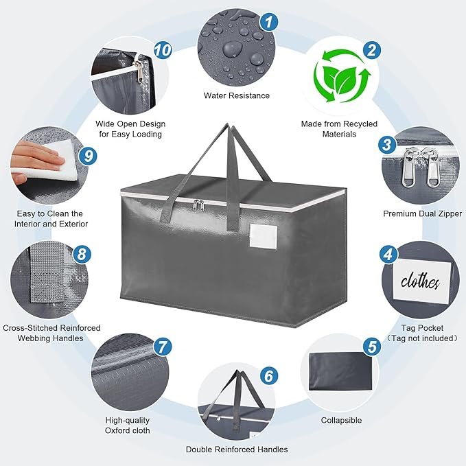 Three-layer Reinforced Moving Bags, 6 Pack Extra Large 93L 60lb Heavy Duty Moving Totes with Strong Zippers & Handles, Easy Open Lids, Water-Resistant, Storage Totes, Fold Flat