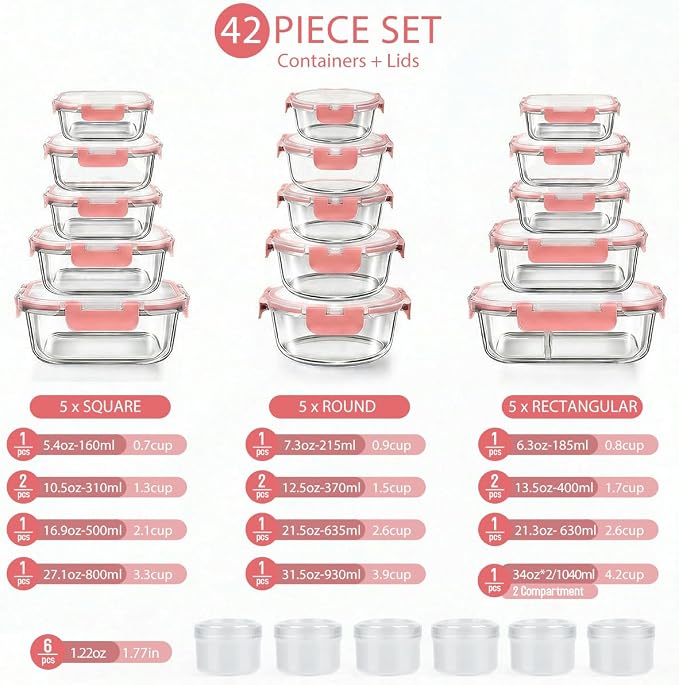AMALEKO 42pcs Glass Food Storage Containers with Lids Set, 21 Containers & 21 Lids Glass Meal Prep Containers with Snap Locking Lid Set, Leak Proof Lunch Container BPA-Free,Pink